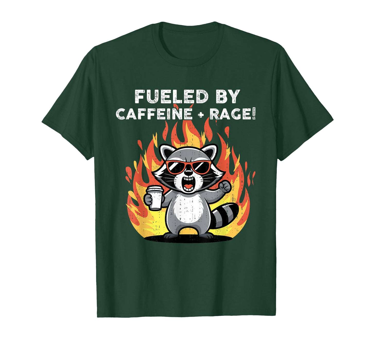 Funny Fueled By Caffeine and Rage Raccoon Angry Coffee Art T-Shirt