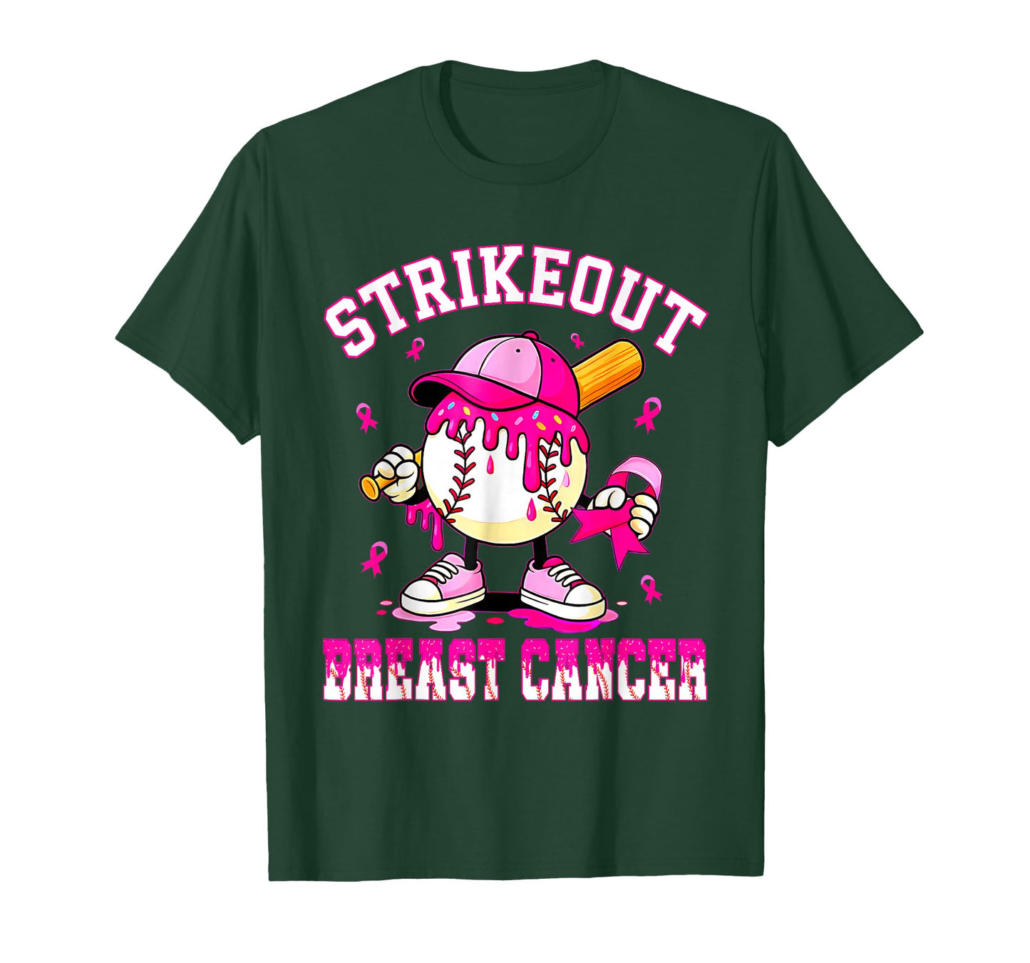 Strike Out Breast Cancer Awareness Baseball Drip Pink Ribbon T-Shirt