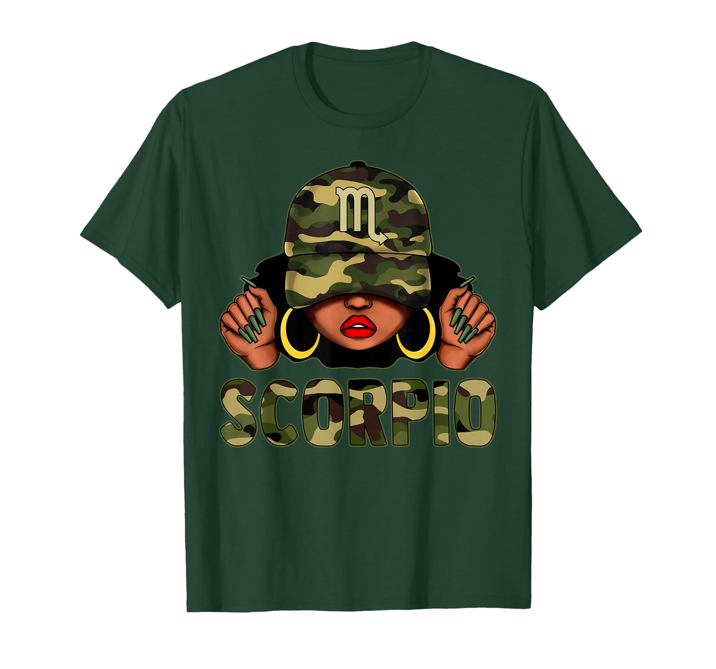Scorpio Queen Black Woman With Cap Camo Afro Girl Zodiac T-Shirt