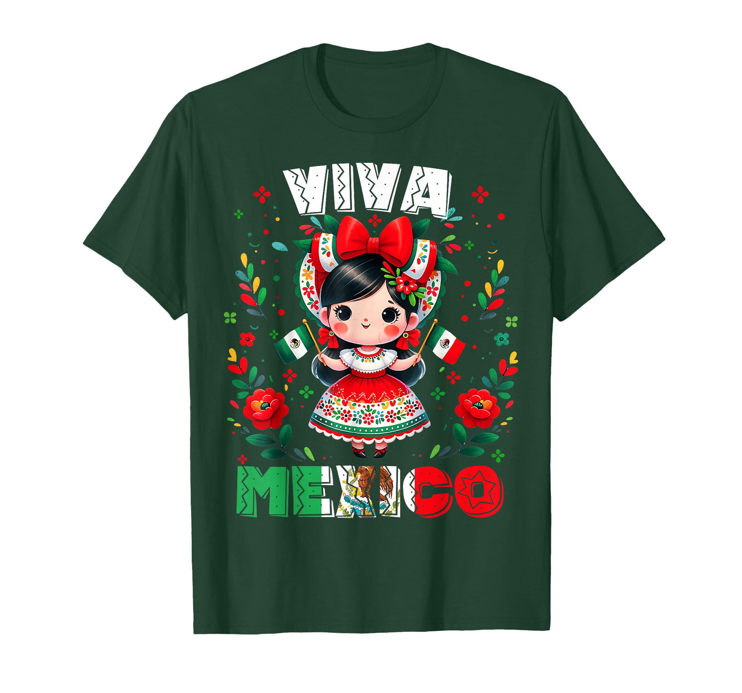 Viva Mexico Mexican Girl Flag Independence Day Girls Kids T-Shirt