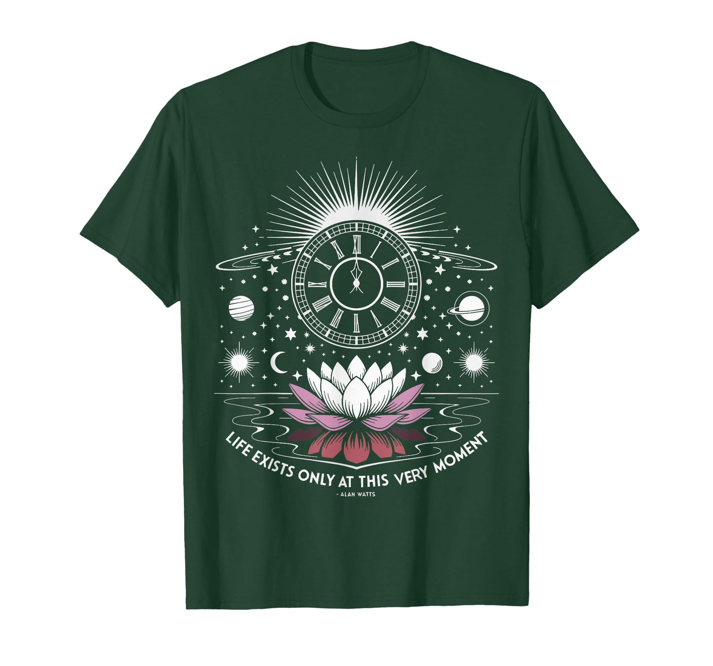 Alan Watts Quote Lotus Clock Galaxy Present Moment Space T-Shirt
