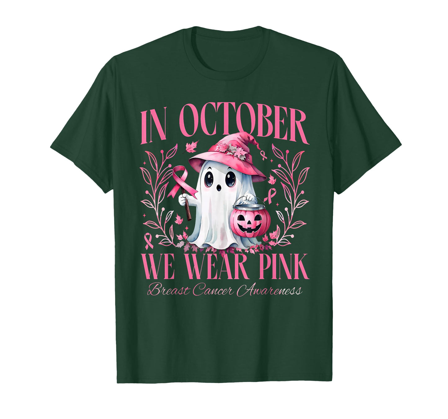 In October We Wear Pink Breast Cancer Awareness Ghost Ribbon T-Shirt