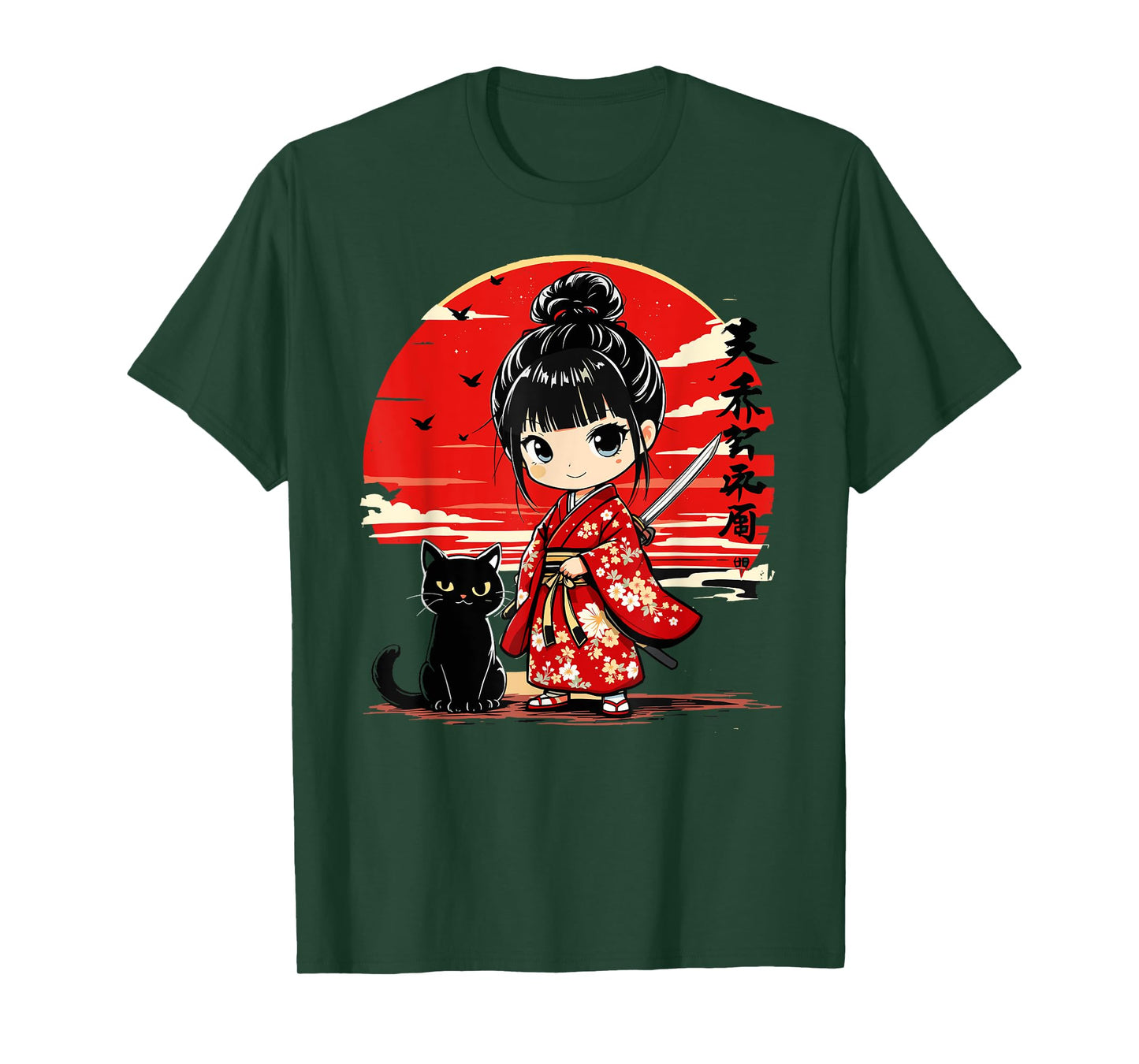 Cute Kawaii Samurai Girl and Cat Japanese Anime Kids Girls T-Shirt