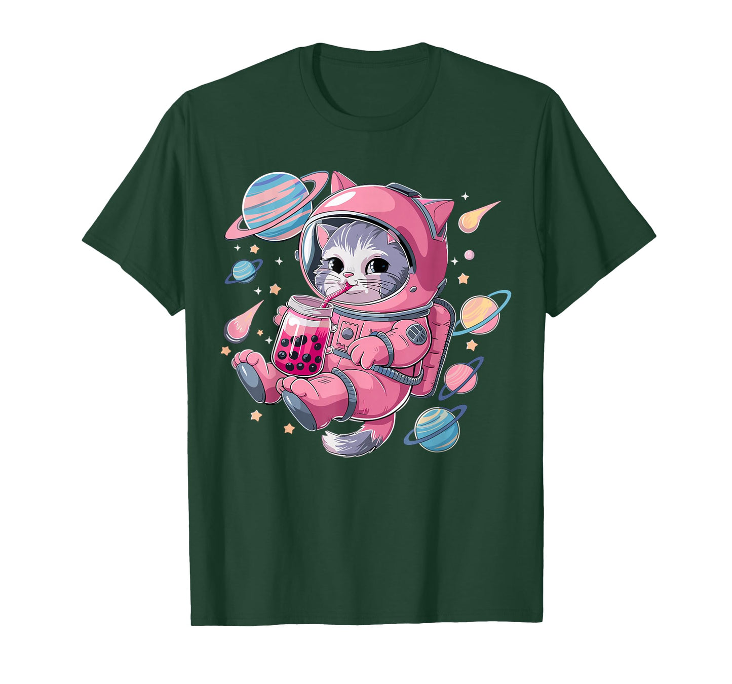 Kawaii Cat Bubble Tea Boba Tea Space Astronaut Anime Girls T-Shirt