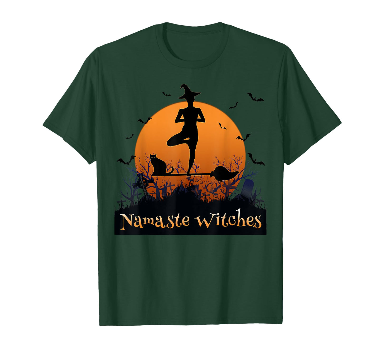 Yoga Lovers Namaste Witches Full Moon Cemetery Halloween T-Shirt