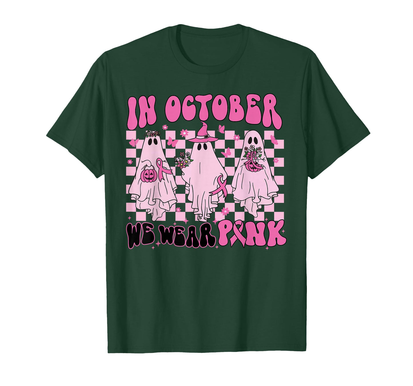 In October We Wear Pink Ghost Breast Cancer Halloween Party T-Shirt