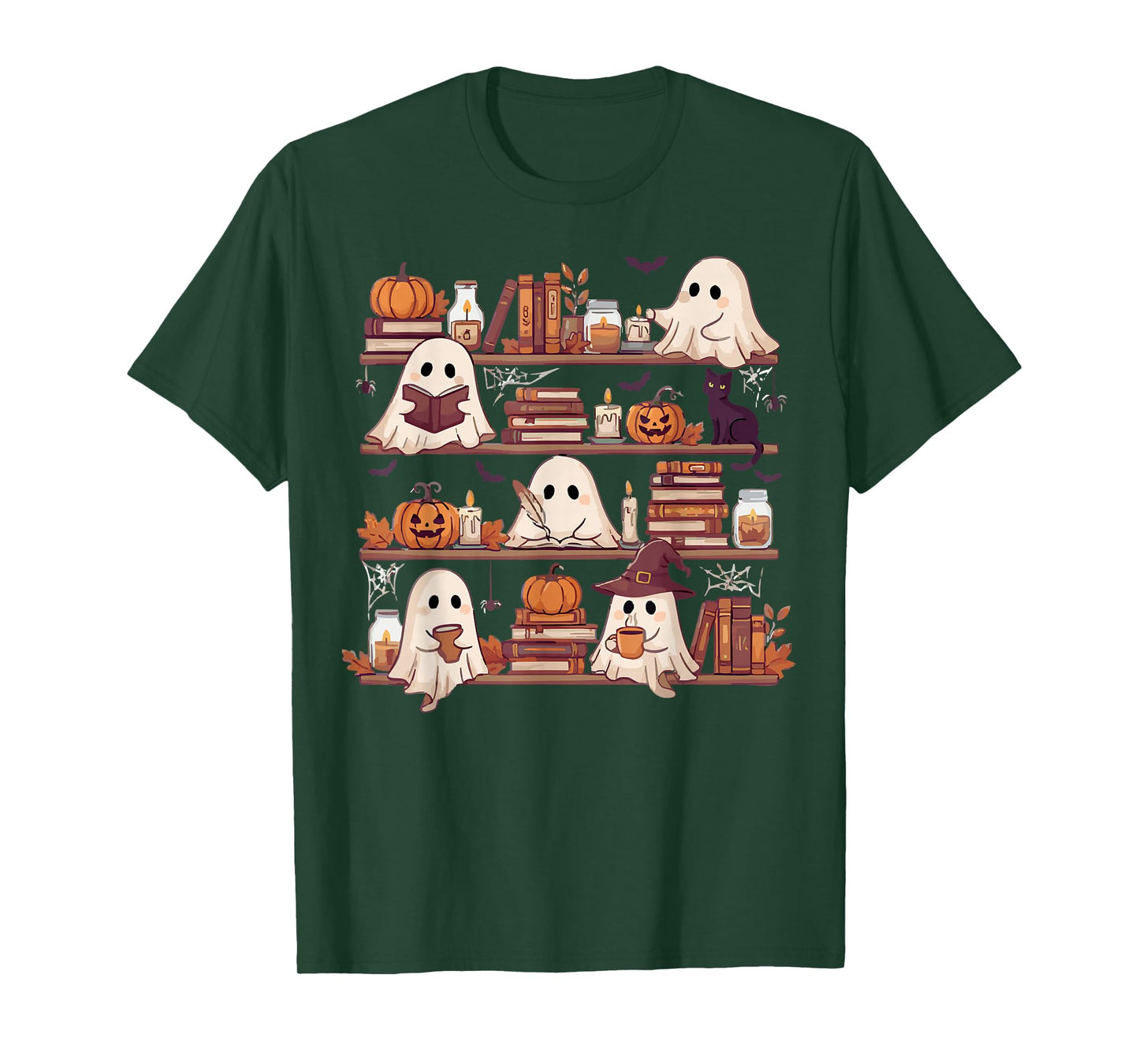 Retro Ghosts Reading Book Halloween Bookshelf Spooky Library T-Shirt