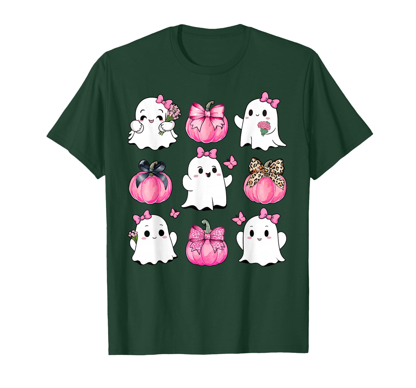 Cute Ghost Florals Pink Coquette Bows Pumpkins Halloween T-Shirt