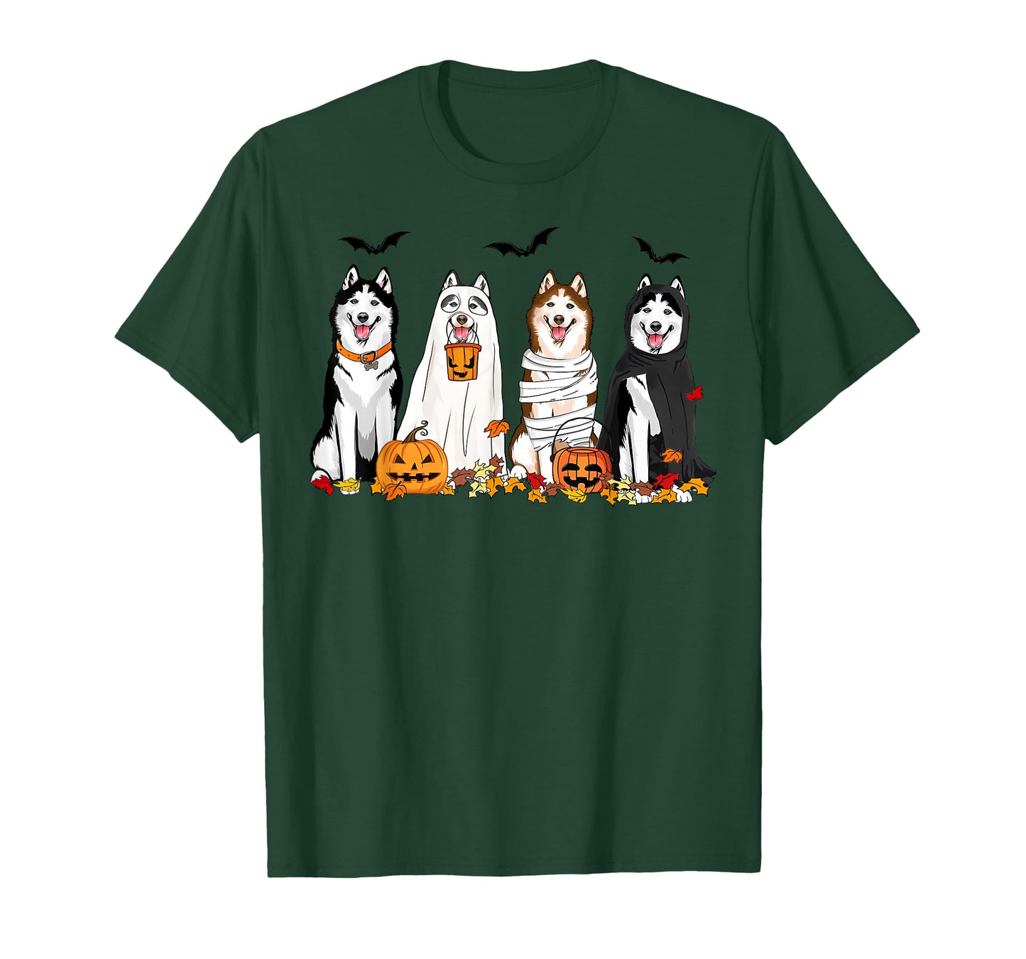 Siberian Husky Dogs Ghost Witch Mummy Halloween Pumpkins T-Shirt