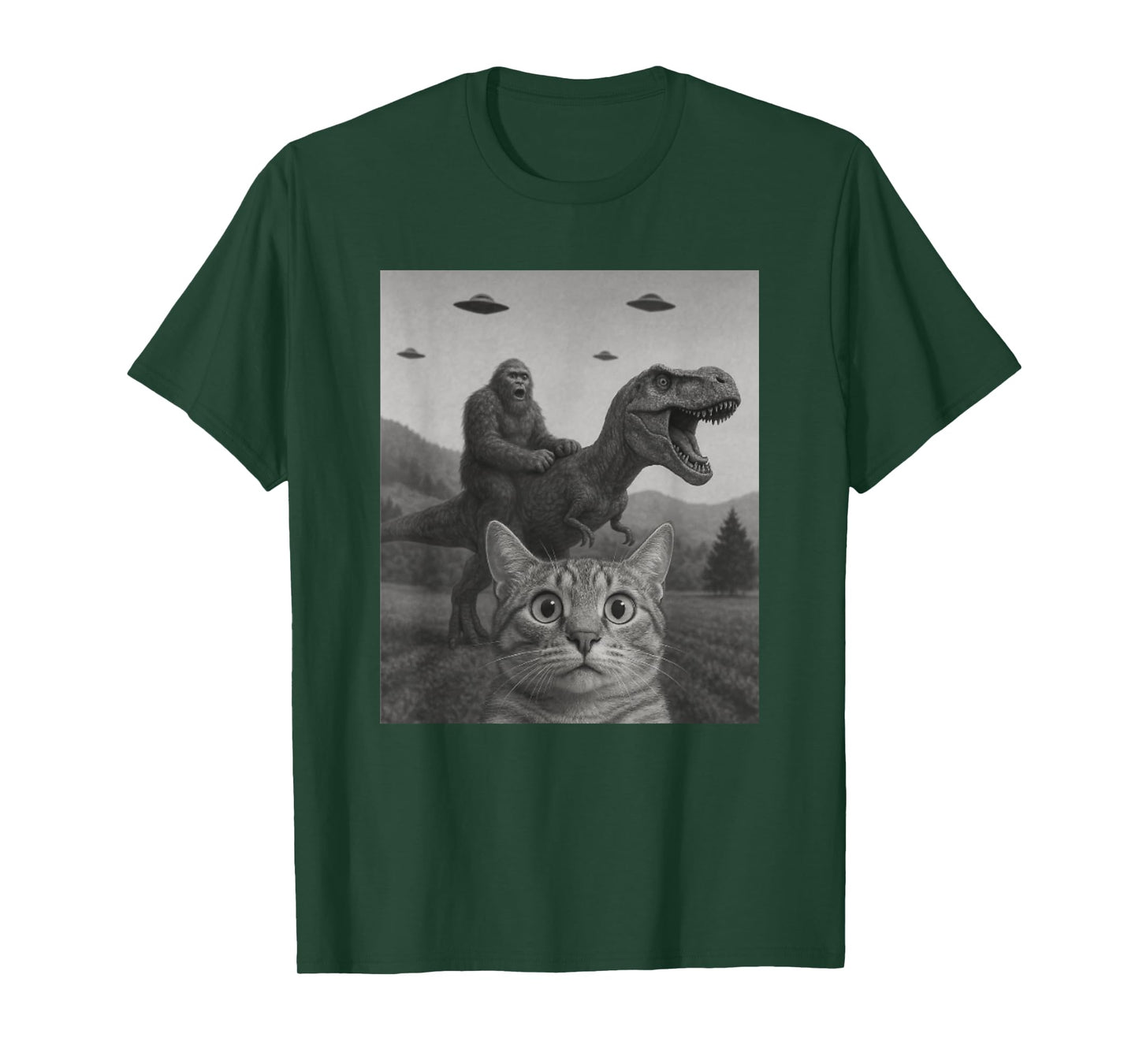 Cat Selfie with Bigfoot Riding T-rex Dinosaur Alien UFO Men Women Kids T-Shirt
