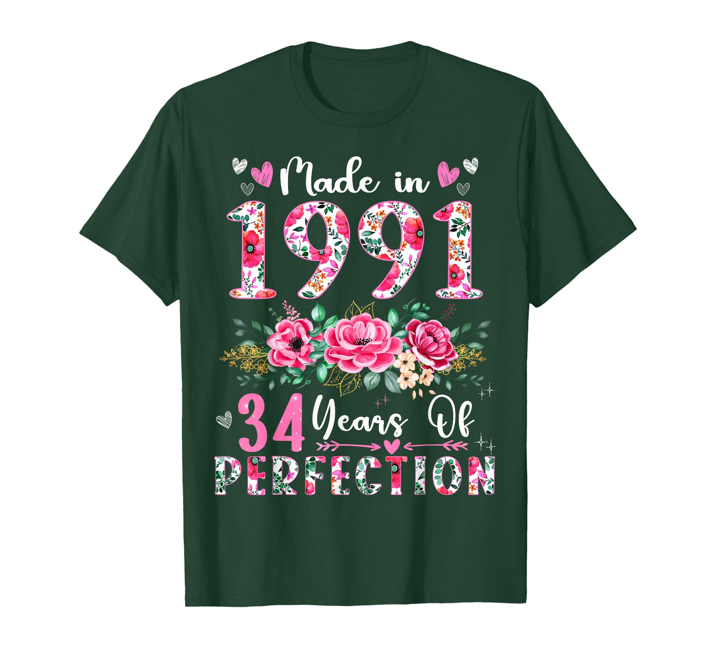 34 Year Old Made In 1991 Floral 34th Birthday Women T-Shirt