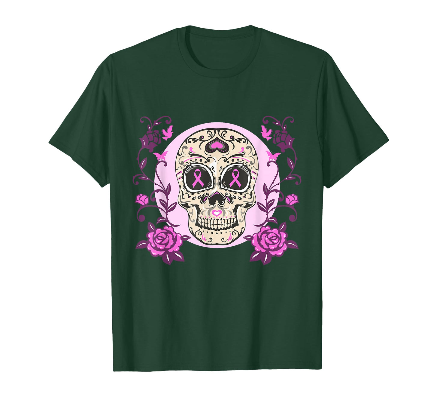 Sugar Skull Pink Ribbon Breast Cancer Awareness Calavera T-Shirt