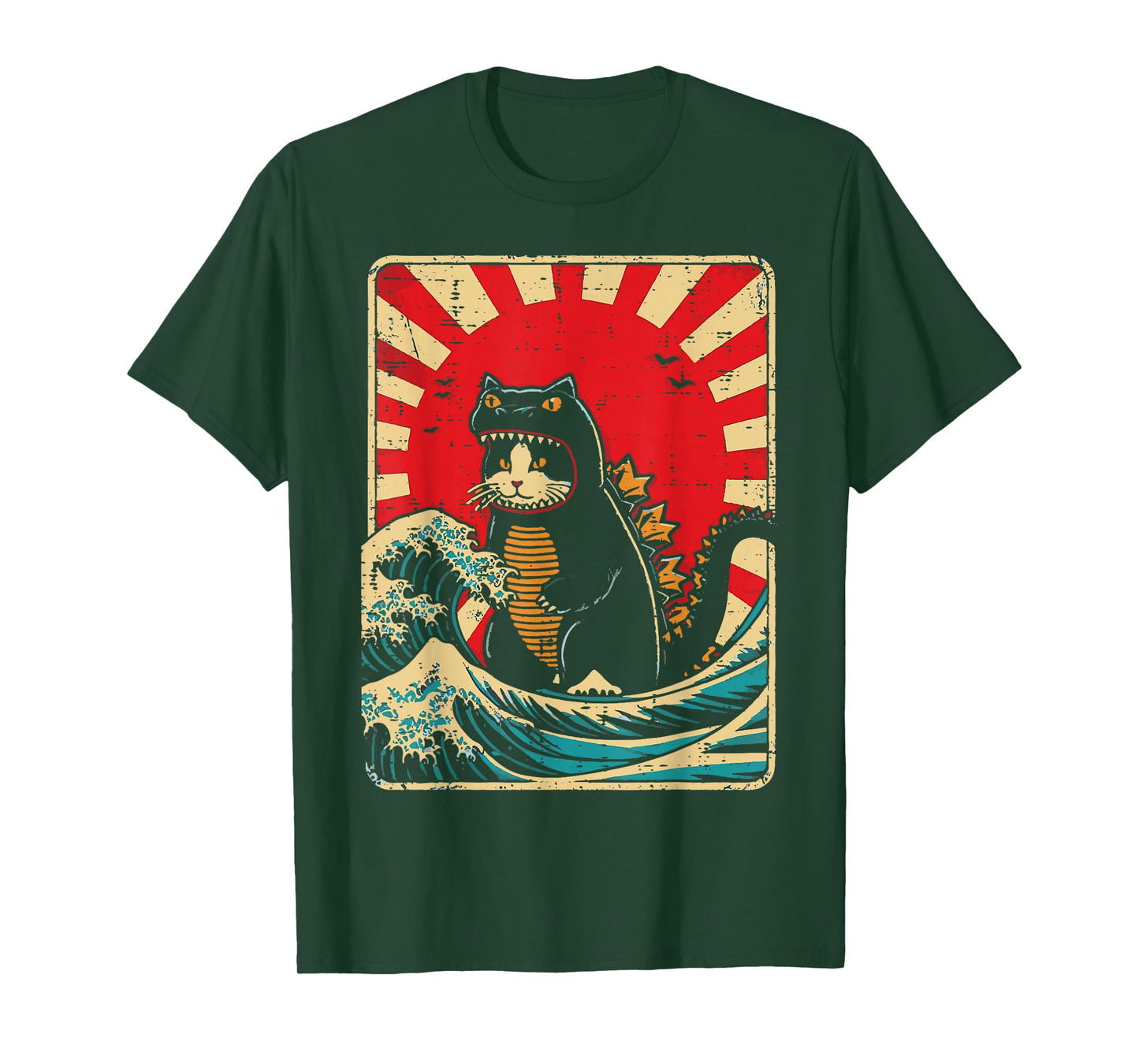 Cat Monster Waves Red Sun Japanese Catzilla Women Men Kids T-Shirt