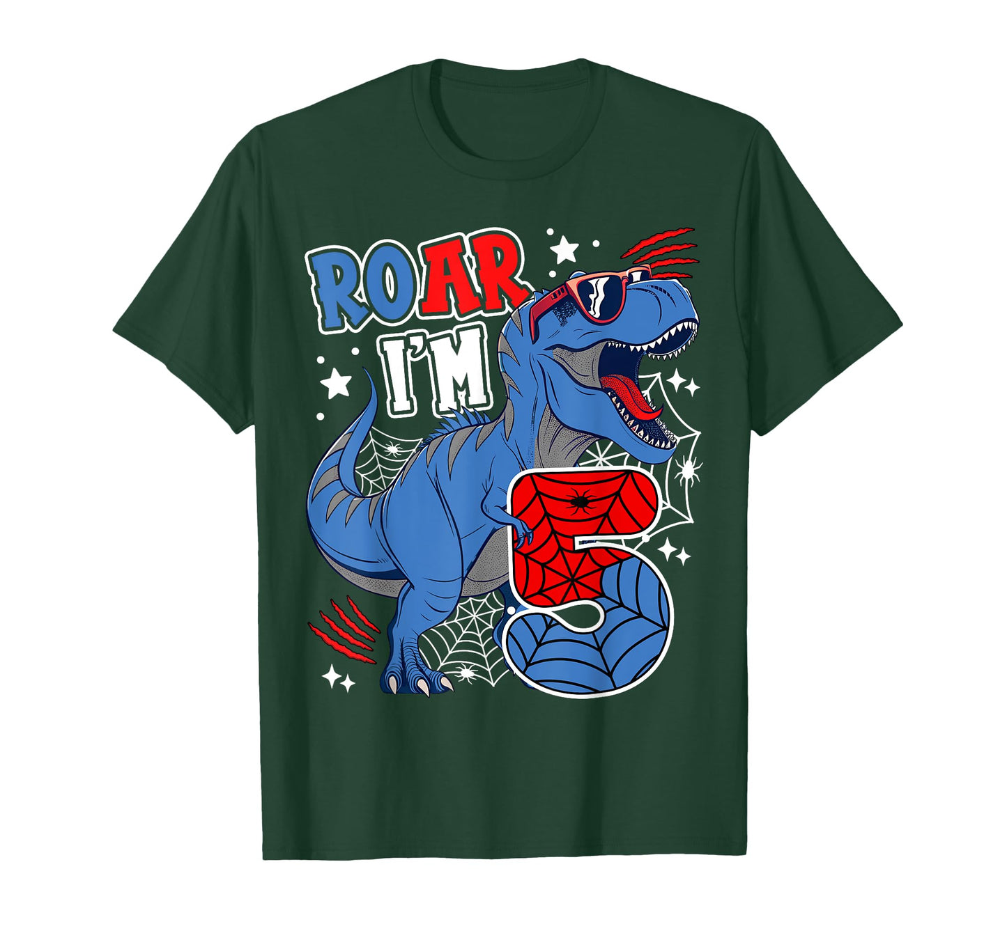 Dinosaur 5th Birthday Spider Theme Party 5 Years Boy Kids T-Shirt