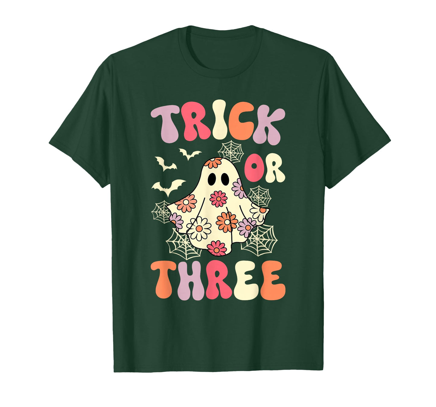 Trick Or Three 3 Years Old Birthday Groovy Ghost Halloween T-Shirt