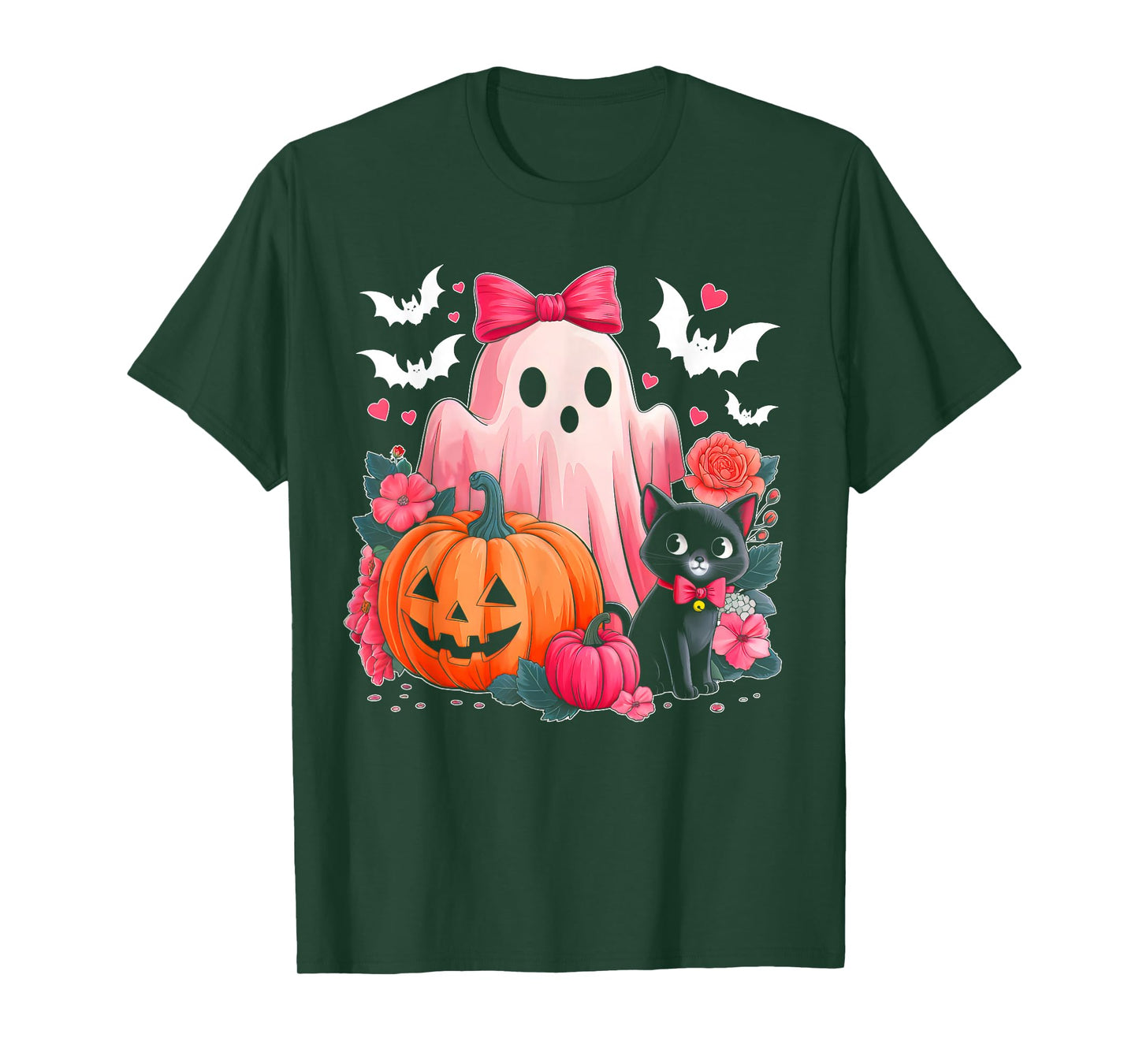Cute Floral Pink Ghost Pumpkin Black Cat Halloween Costume T-Shirt