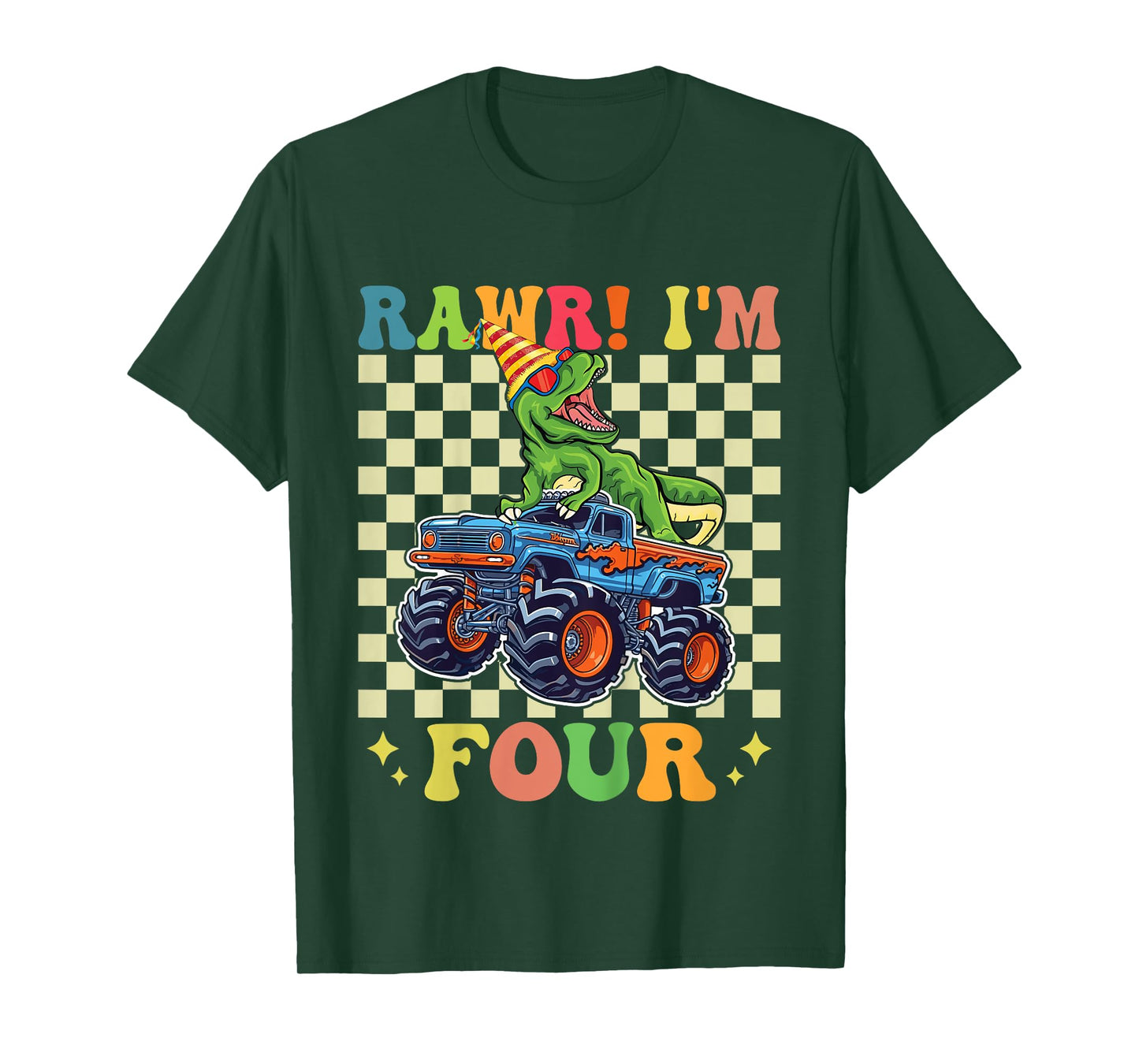Kids 4th Birthday Monster Truck Dinosaur Party Boys Rawr I'm 4 T-Shirt