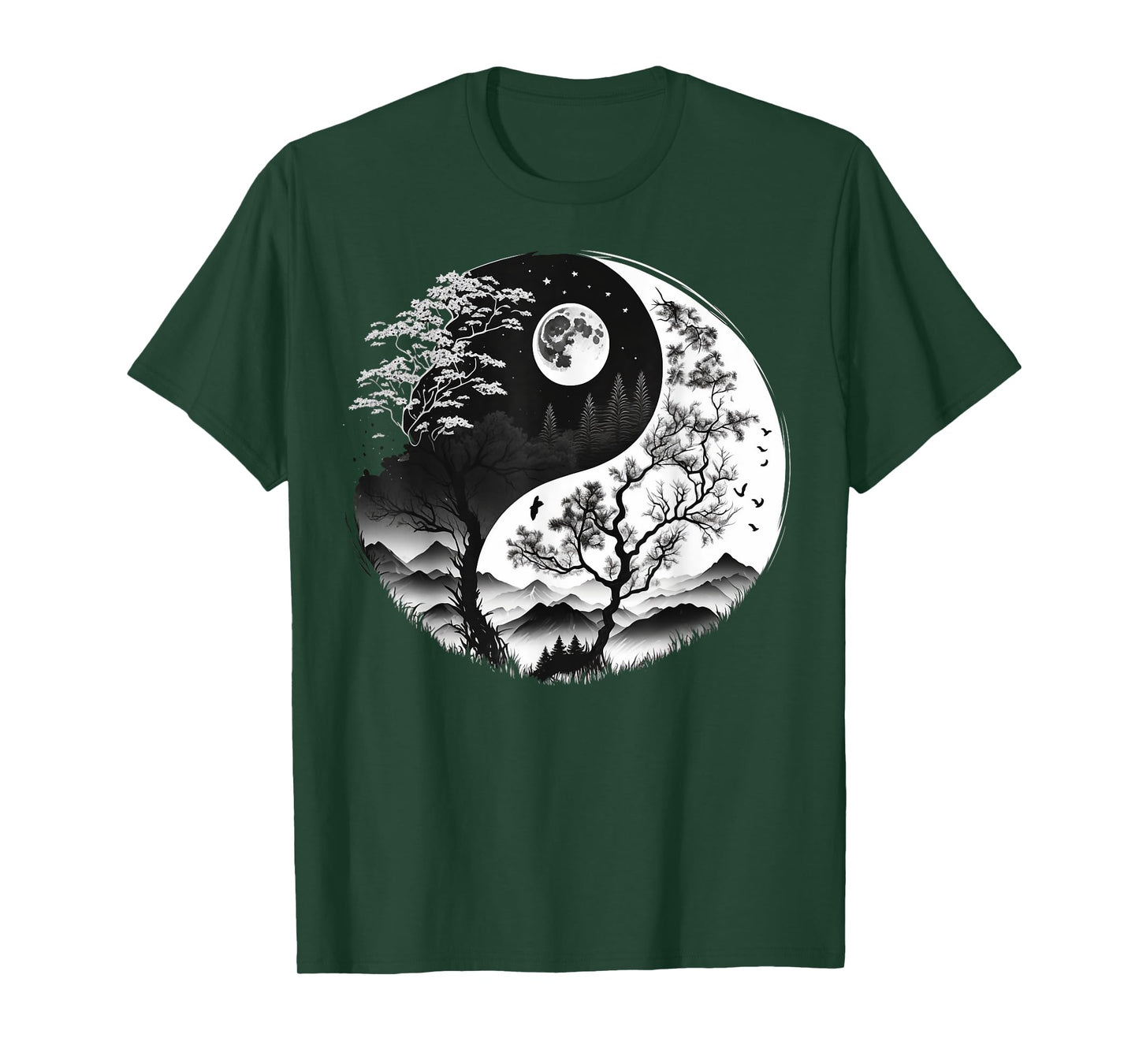 Black and White Yin Yang Symbol on Nature Taijitu Yin Yang T-Shirt