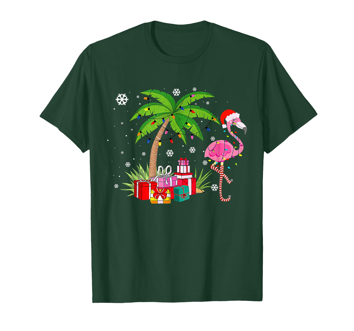 Pink Flamingo Christmas Palm Tree Tropical Xmas Funny T-Shirt