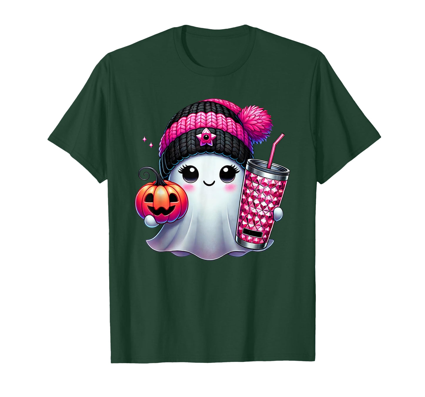 Cute Ghost Drinking Coffee Halloween Ghost Ice Coffee Womens T-Shirt
