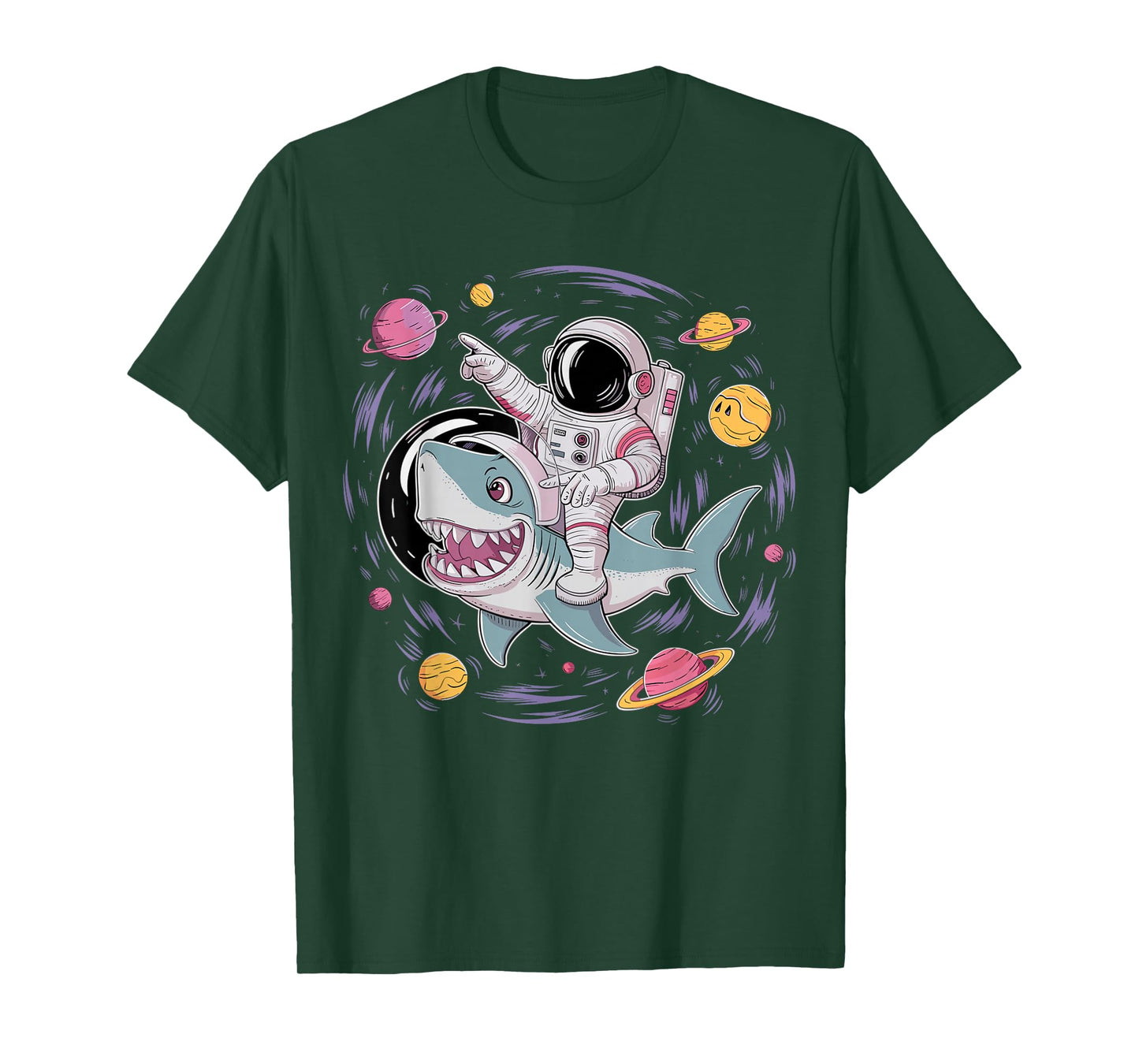 Astronaut Riding Shark Birthday Party in Outer Space T-Shirt