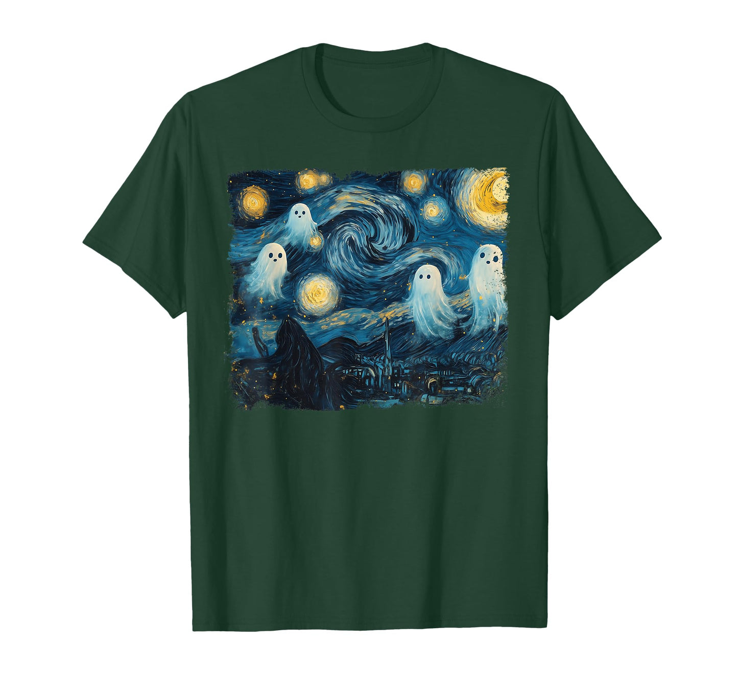Cute Ghost Starry Night Halloween Spooky Retro Van Gogh Art T-Shirt