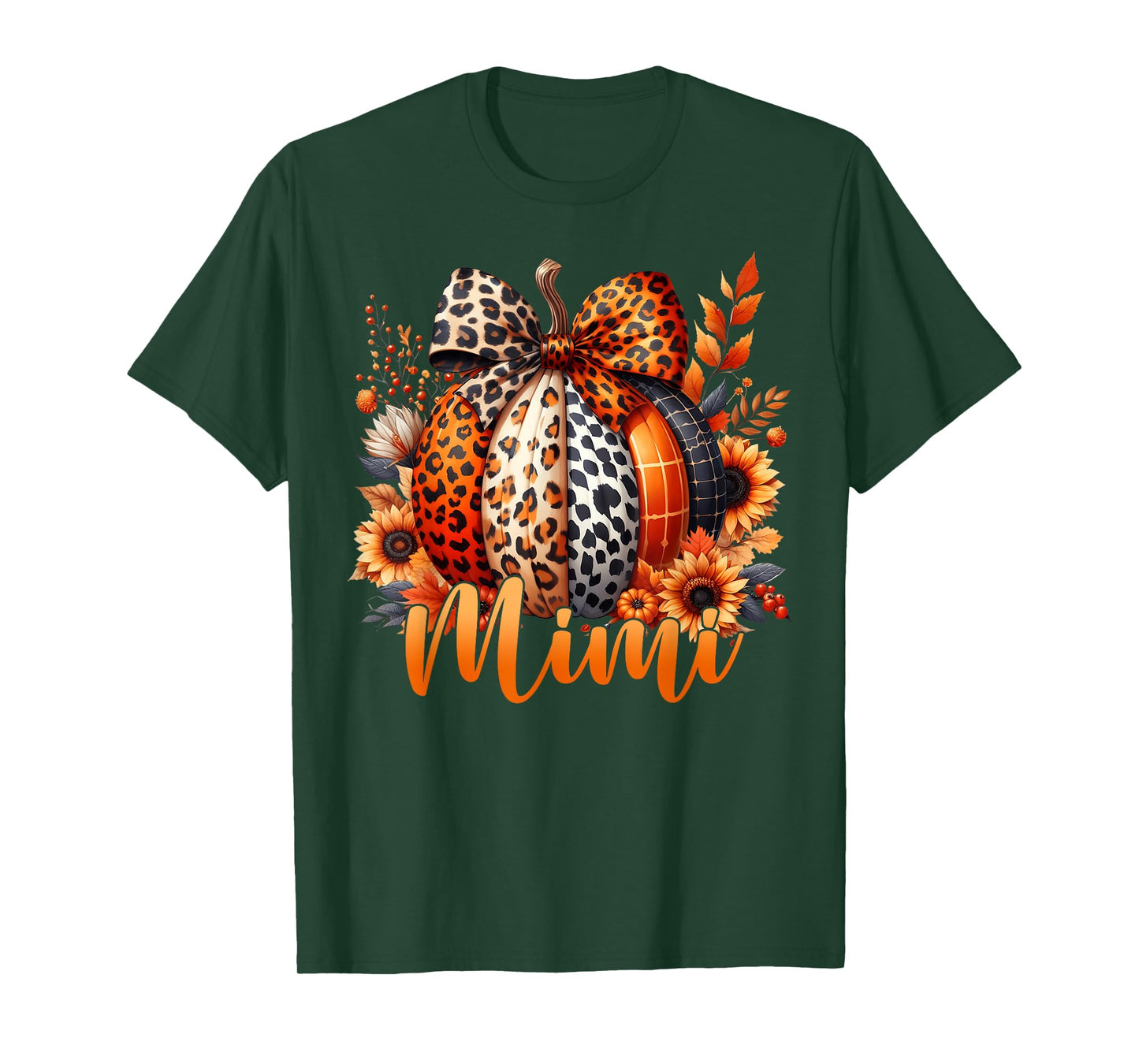 Mimi Thanksgiving Leopard Pumpkin Sunflower Coquette Bow T-Shirt