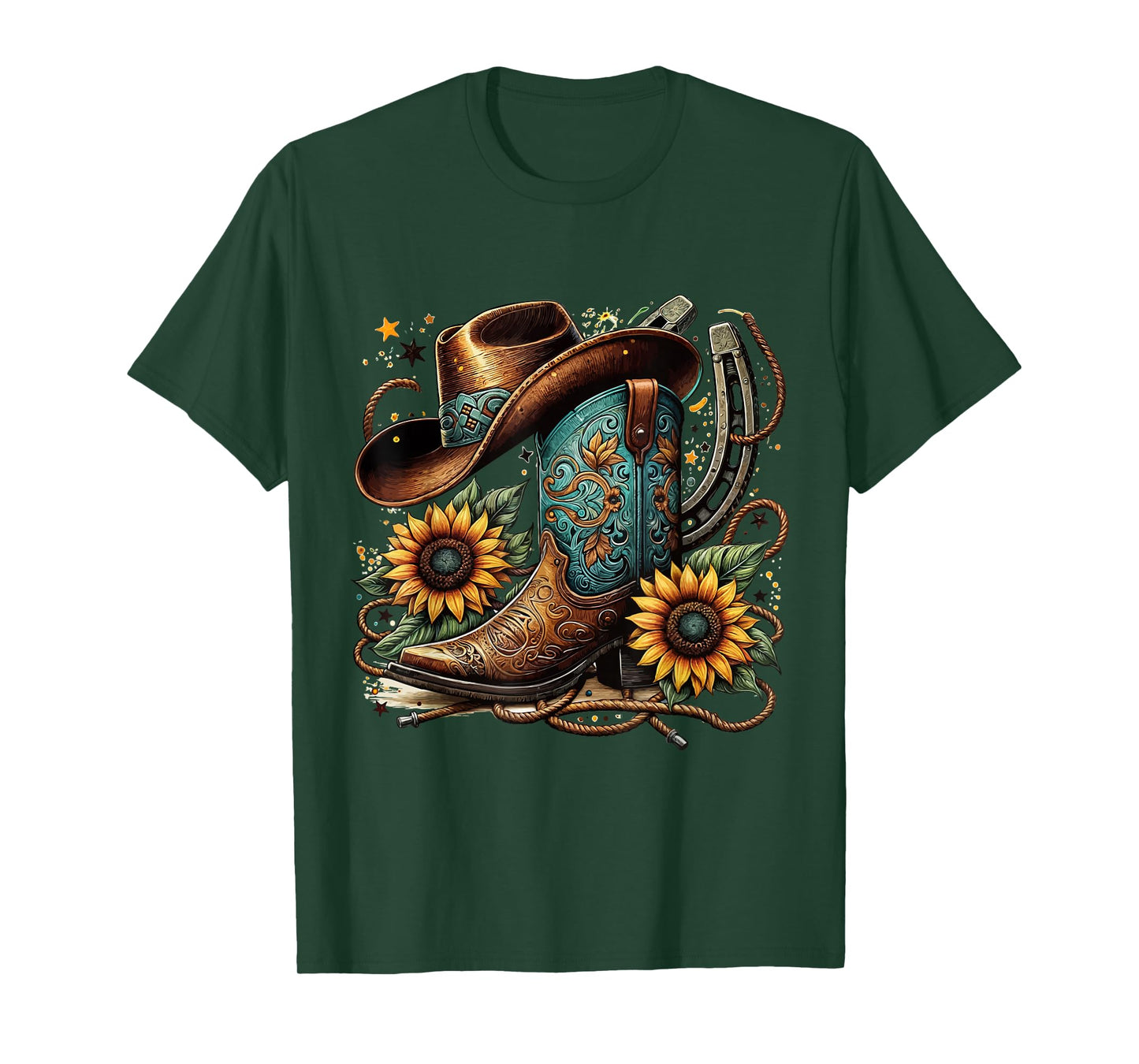 Western Cowboy Boot Horseshoe Sunflower Rope Cowgirl Boot T-Shirt, Small, Black