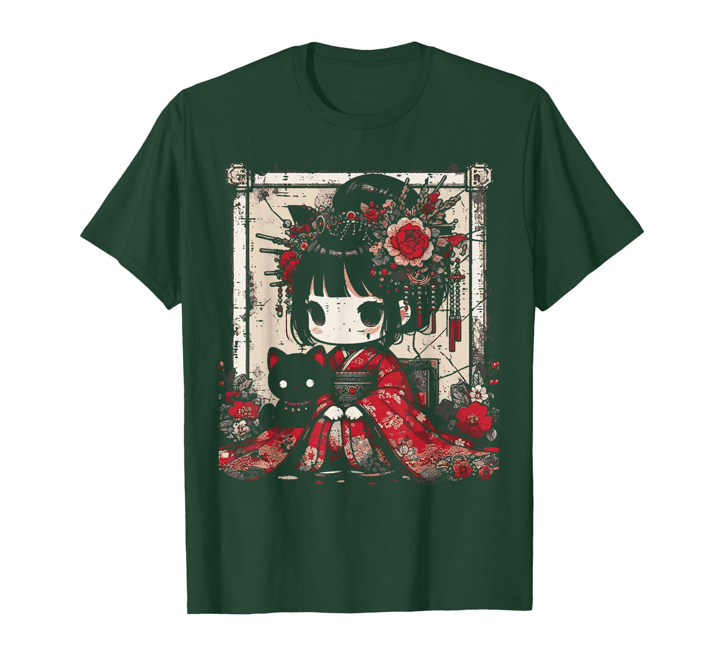 Chibi Kimono Girl Black Cat Flowers Japanese Art Women Kids T-Shirt