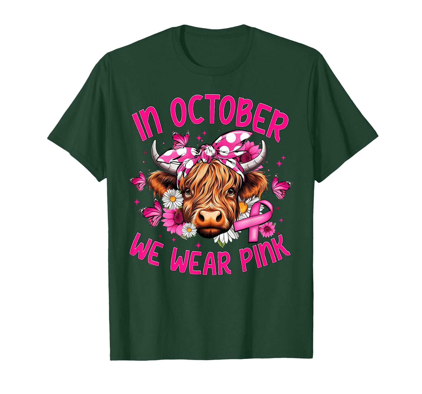 In October We Wear Pink Highland Cow Breast Cancer Awareness T-Shirt