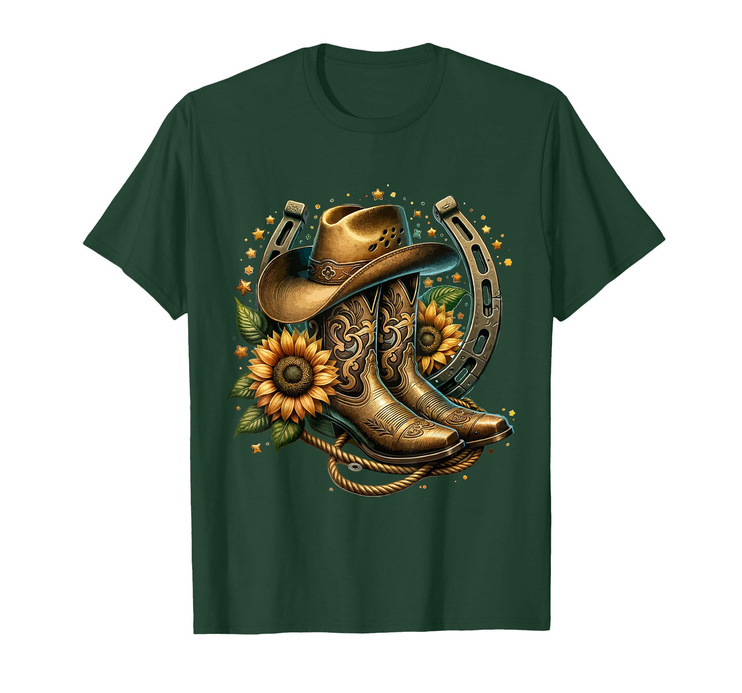 Vintage Rustic Western Country Cowboy Boot Art Tee - Women's Western Themed Floral Boot, Rope & Hat T-Shirt - Black, Small