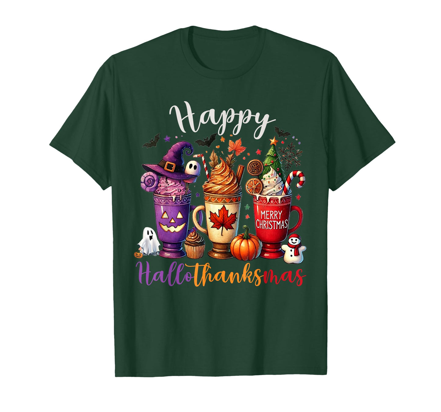 Happy Hallothanksmas Coffee Lover Halloween Merry Christmas T-Shirt
