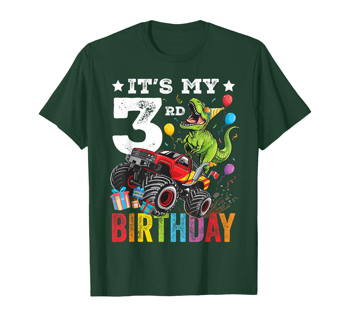 Three 3rd Birthday Dinosaur Monster Truck T-Shirt
