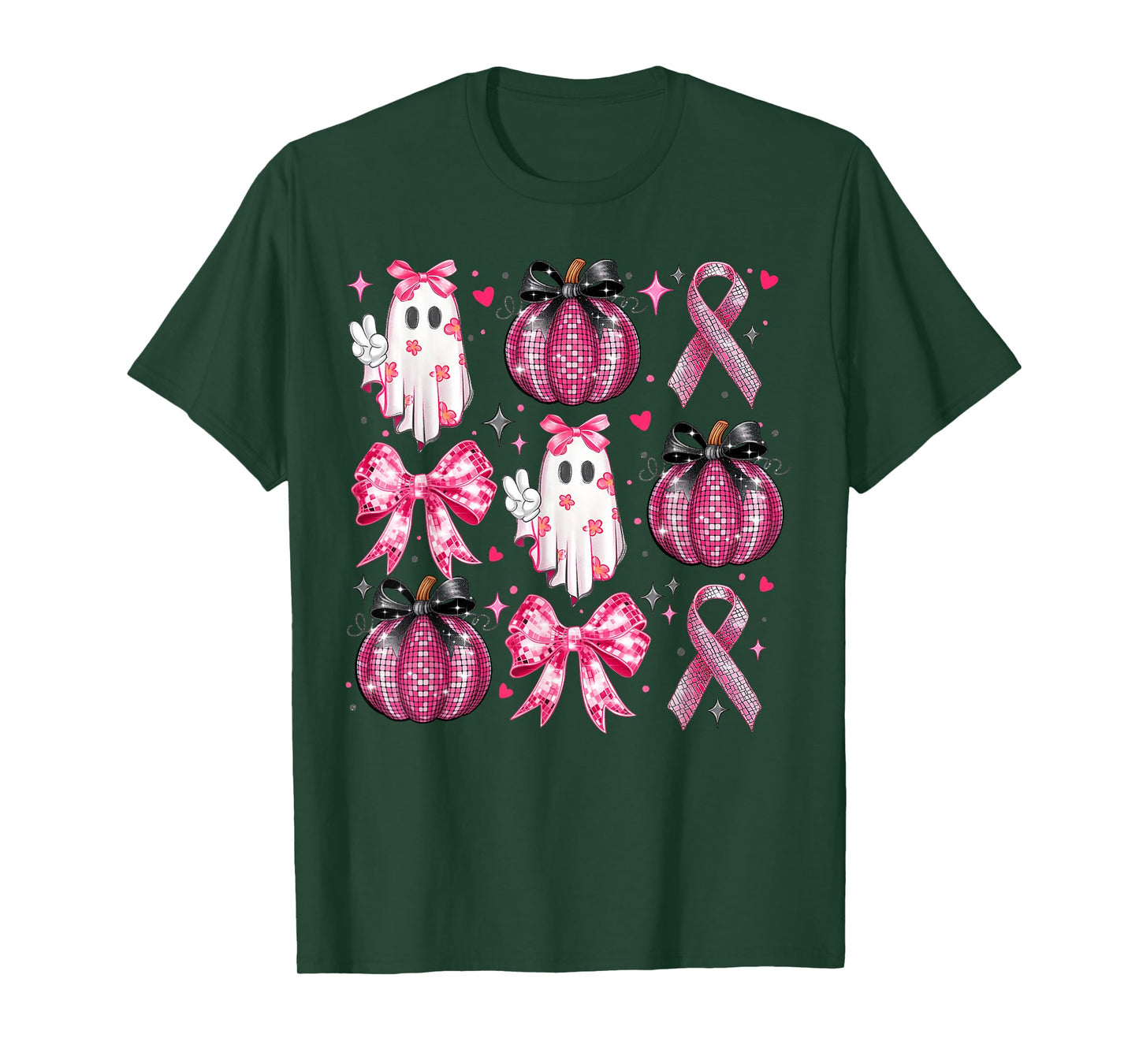 Halloween Pumpkin Pink Ribbon Disco Ghost Bow Breast Cancer T-Shirt
