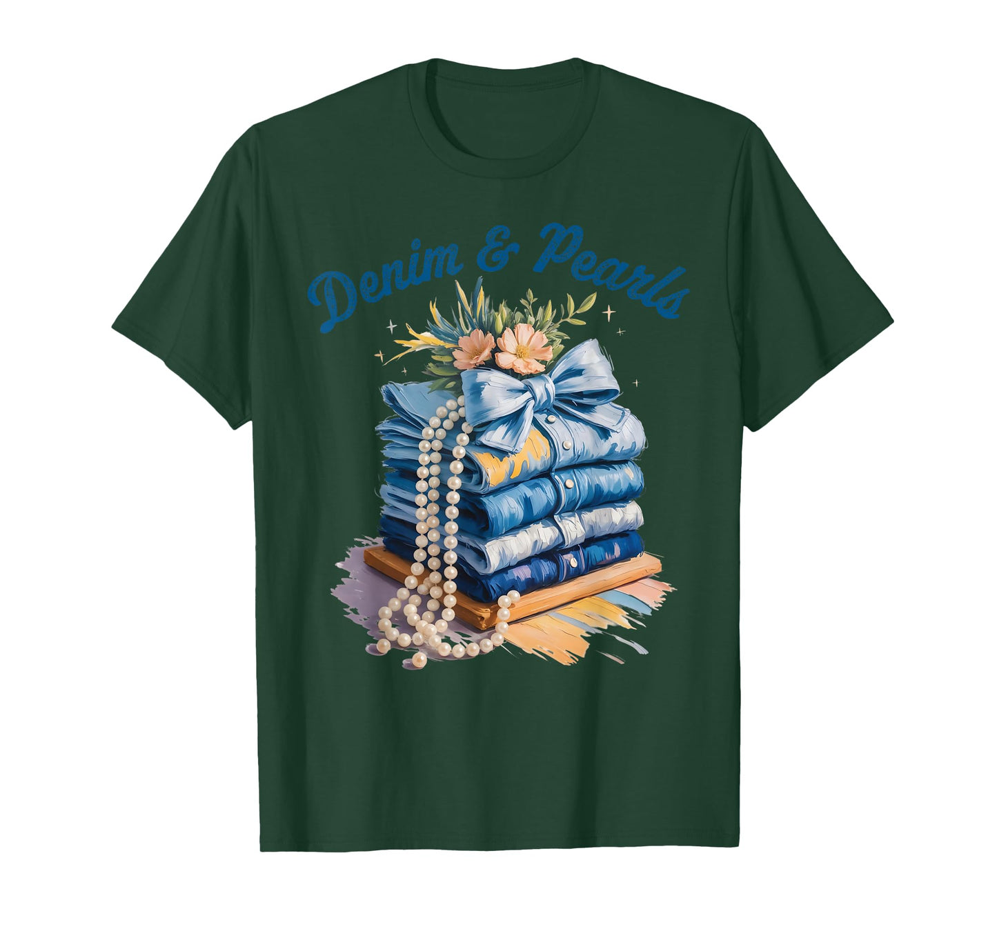Pearls & Denim 2025 Oilpaint Style Outfit for Stylish Women T-Shirt