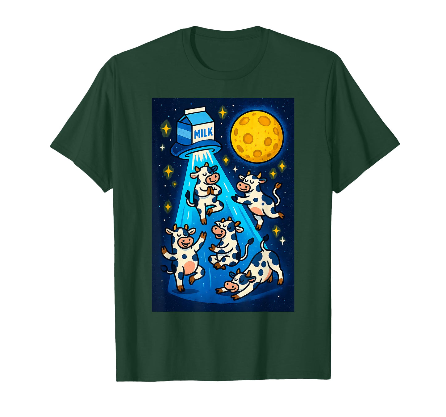 Cosmic Cow Yoga Abduction Cartoon Cows, Milk Carton UFO & T-Shirt