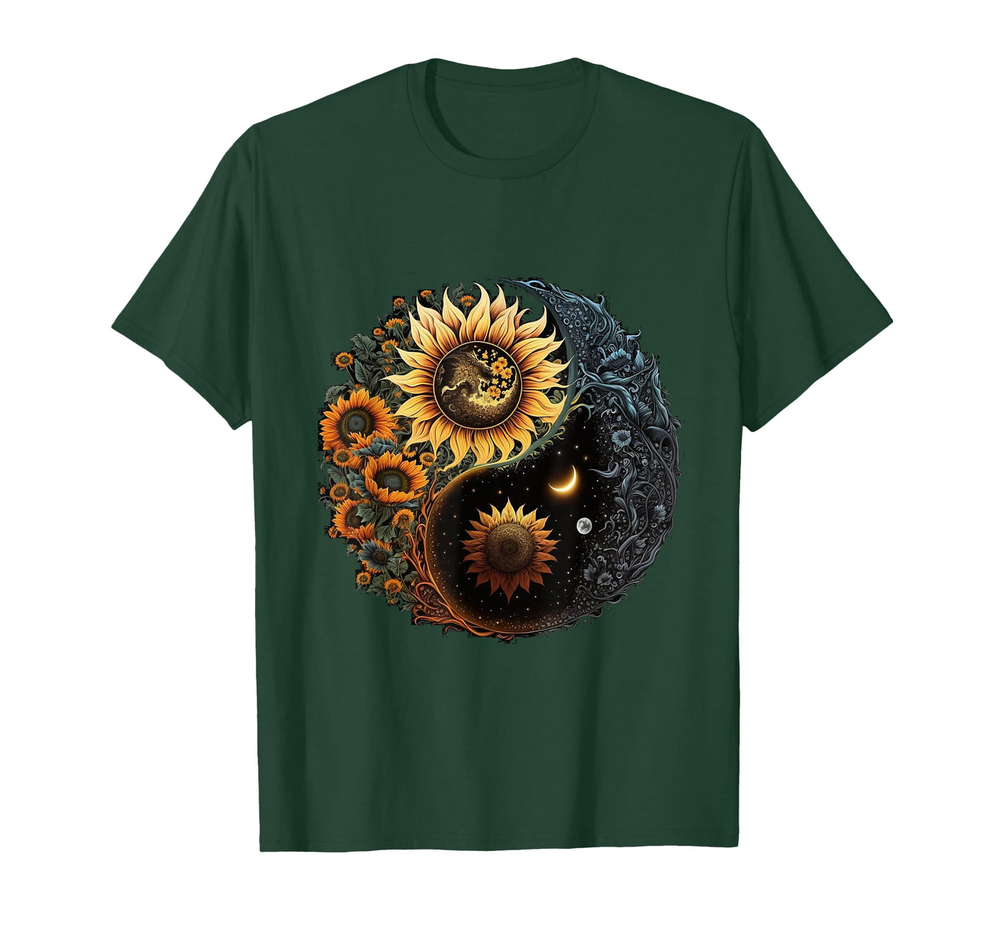 Yin And Yang Aesthetic Sunflower And Crescent Moon Art T-Shirt