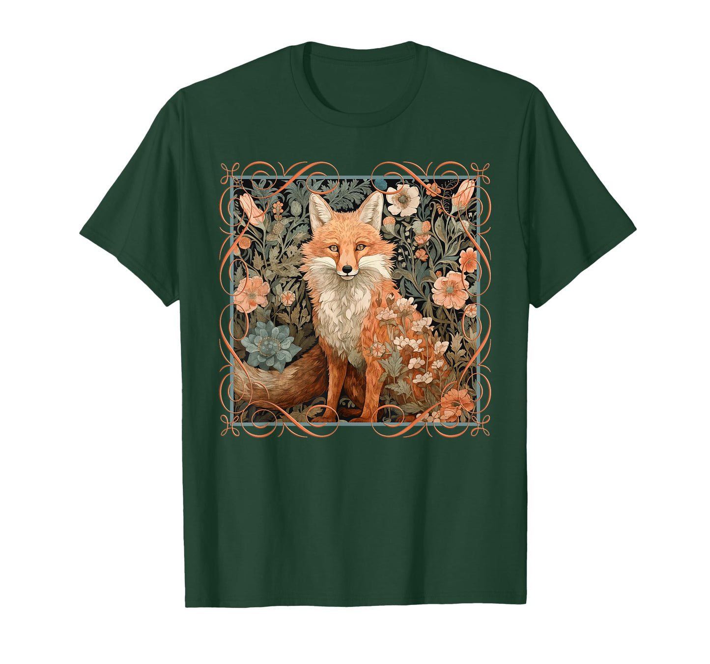Red Fox in a William Morris Style Garden T-Shirt