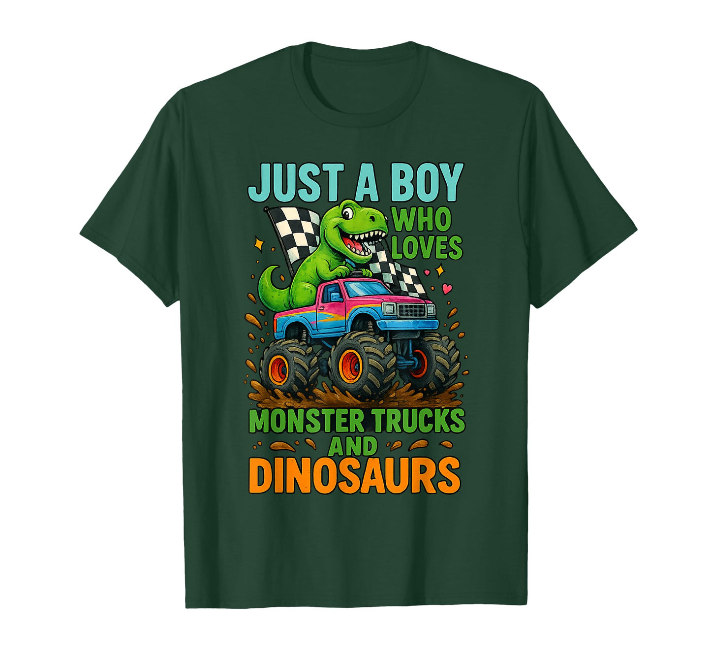 Just A Boy Who Loves Monster Trucks and Dinosaurs Cute T-Rex T-Shirt