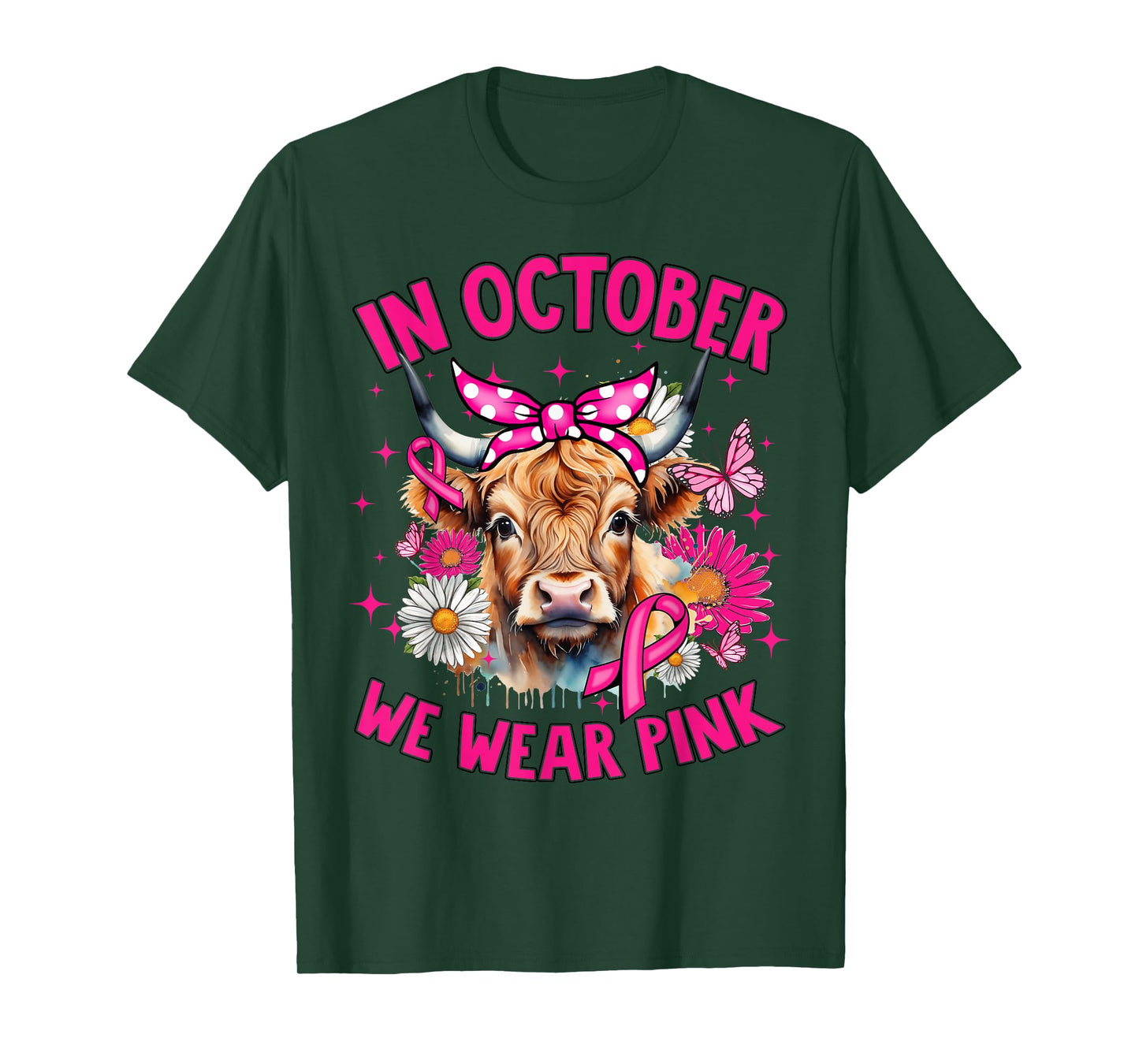 Highland Cow In October We Wear Pink Breast Cancer Month T-Shirt