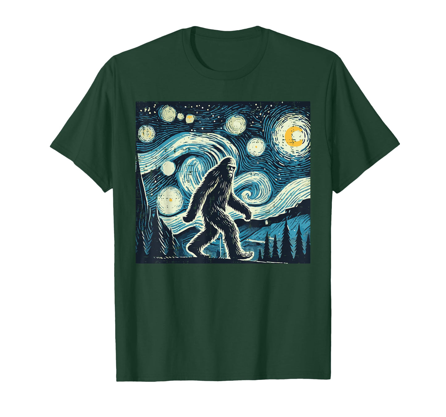 Bigfoot Starry Night Funny Sasquatch Art Paint Women Men Kid T-Shirt