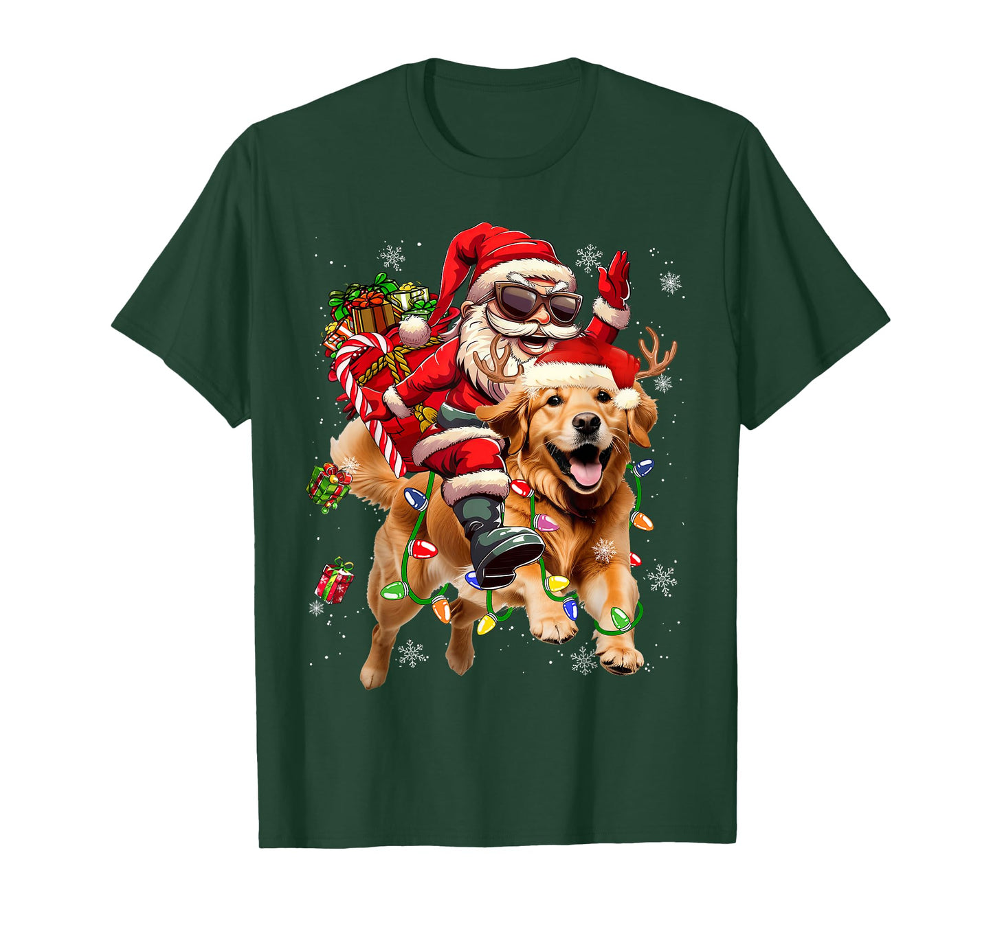 Merry Christmas 2025 Santa Riding Golden Retriever Dog Xmas T-Shirt
