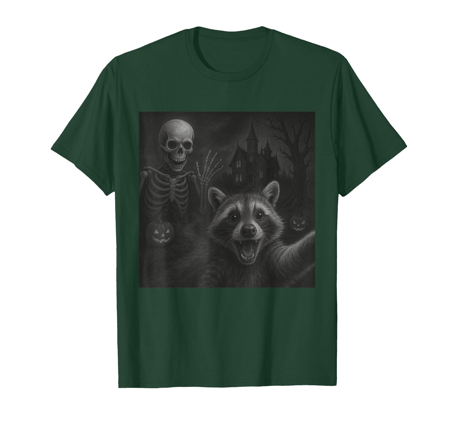 Raccoon Selfie With Skeleton Funny Raccoon Halloween Graphic T-Shirt