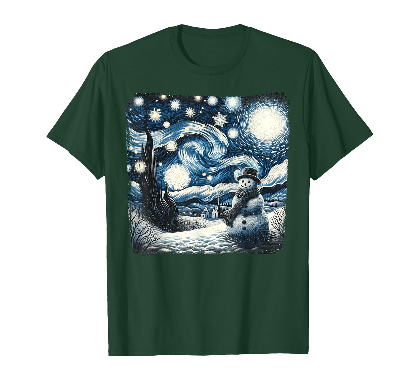 Van Gogh Starry Night Christmas Snowman Winter Snowy Night T-Shirt