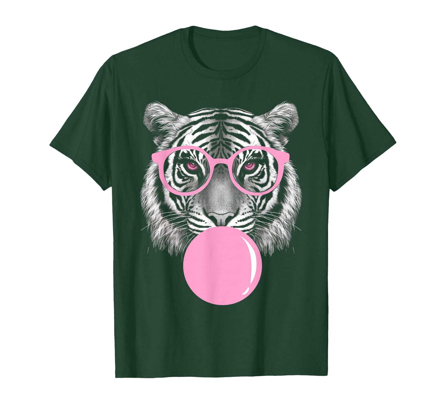 Funny Tiger Wearing Glasses and Blowing Pink Bubble Gum T-Shirt