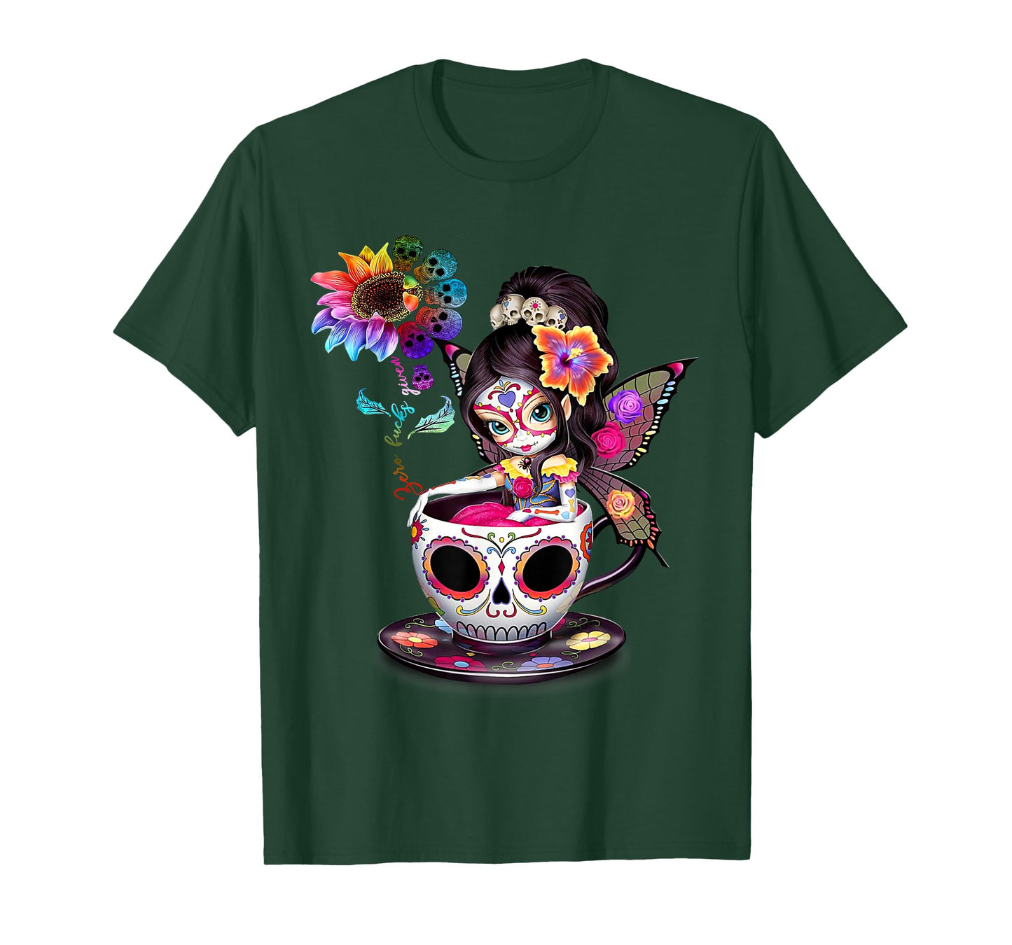 Zero Fucks Given Sugar Skull Rainbow Sunflower Skeleton T-Shirt