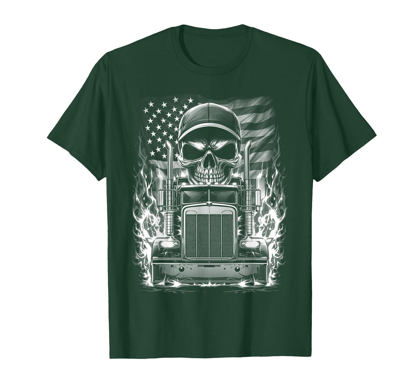 Trucker Patriotic American Flag Semi Truck Driver Skull T-Shirt