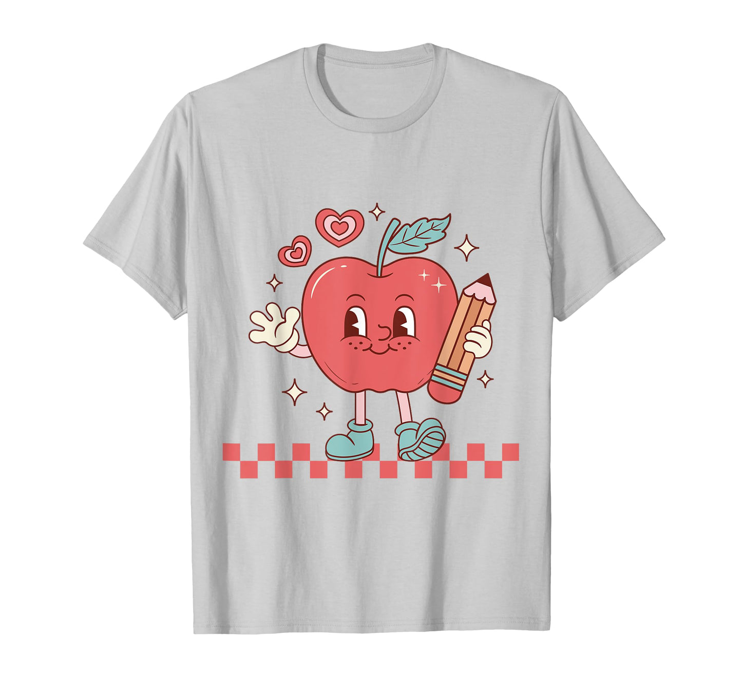 Cute Retro Checkered Apple with Face Teacher Pencil Trendy T-Shirt