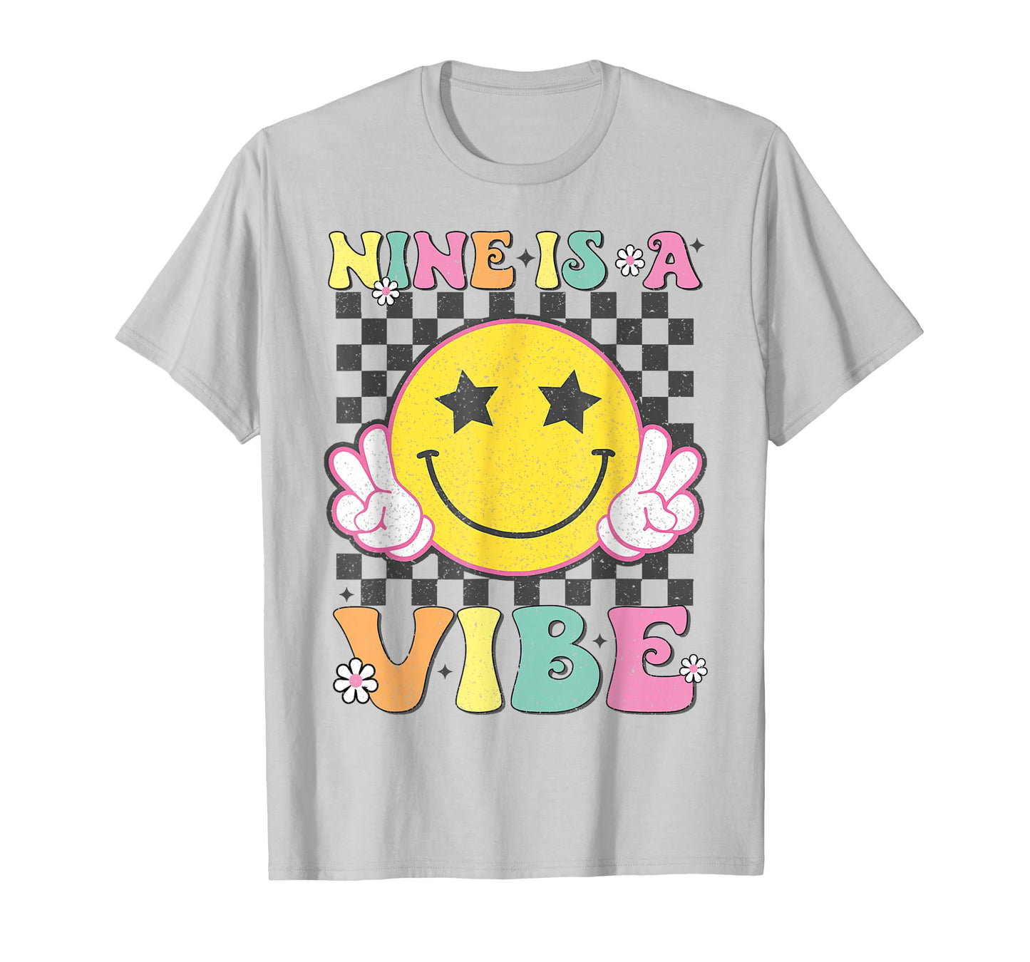 Nine Is A Vibe 9th Birthday Groovy Smile Face 9 Years Old T-Shirt
