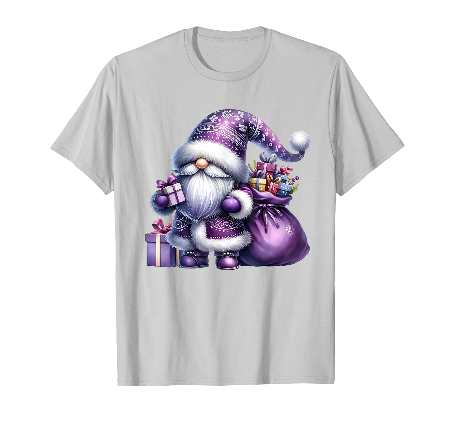 Purple Christmas Gnome With Santa Bag For Women Men Xmas T-Shirt